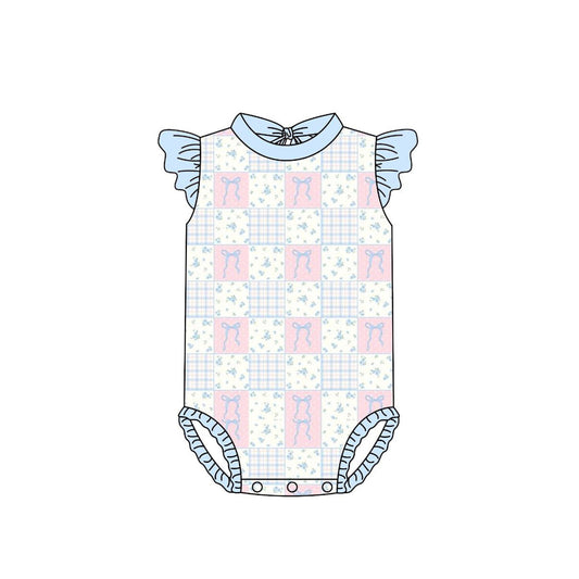 ( Moq 5 ) Preorder Baby Girls Blue Short Sleeves Bows Floral 4th of July One-piece Swimsuit