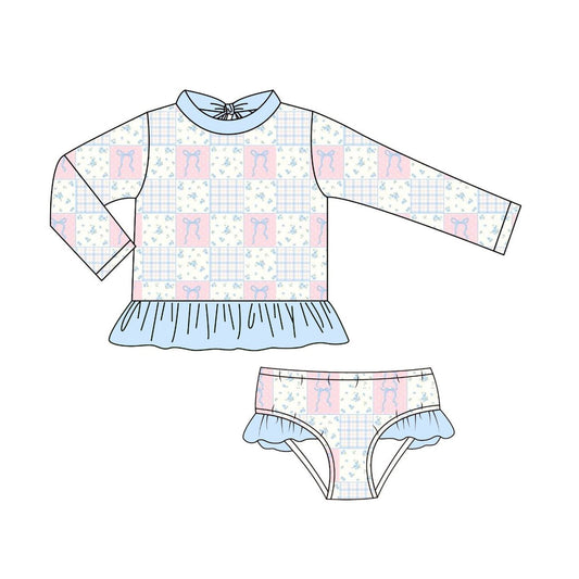 ( Moq 5 ) Preorder Baby Girls Long Sleeves Bows Floral Ruffle Tops Shorts Swimsuit