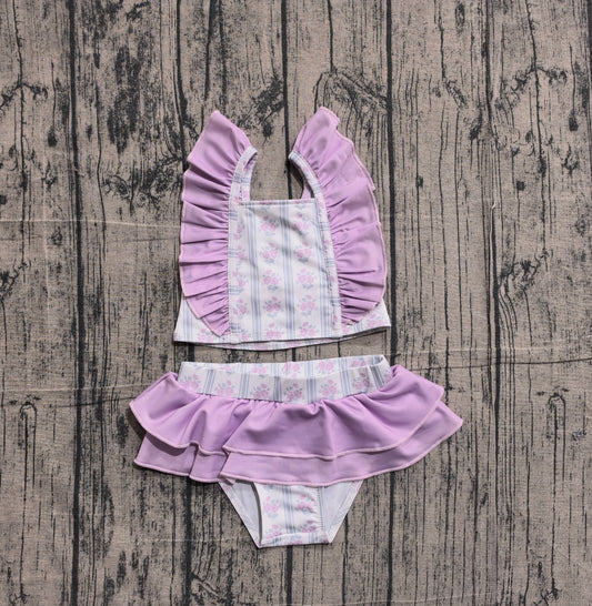 ( No moq ) Preorder Baby Girls Sleeveless Flower Purple Ruffle Tops Shorts Set Swimsuit