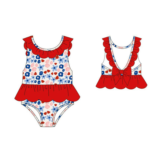 ( Moq 5 ) Preorder Baby Girls Sleeveless Flower 4th of July Red Ruffle One-piece Swimsuit