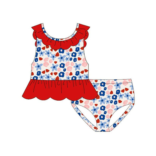 ( Moq 5 ) Preorder Baby Girls Sleeveless Flower Red Ruffle Tops Shorts Set Swimsuit