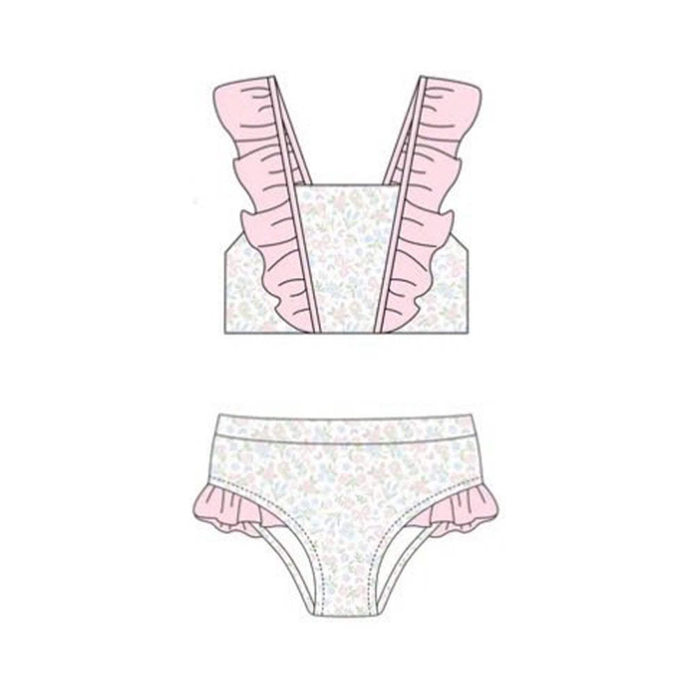 ( Moq 5 ) Preorder Baby Girls Floral Bows Ruffle Tops Shorts One-piece Swimsuit