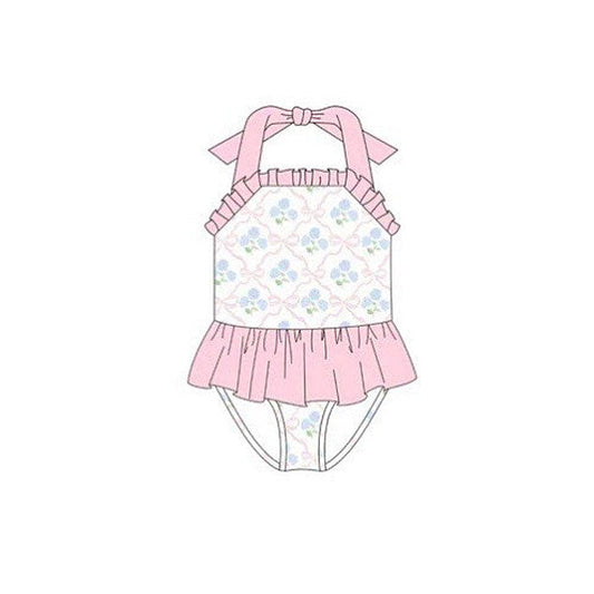 ( Moq 5 ) Preorder Baby Girls Halter Bows Flower Pink Ruffle One-piece Swimsuit