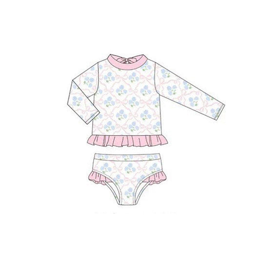 ( Moq 5 ) Preorder Baby Girls Long Sleeves Bows Flower Tops Shorts Set Swimsuit