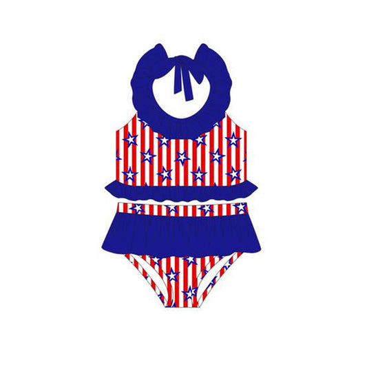 ( Moq 5 ) Preorder Baby Girls Halter Stars Stripes Tops Ruffle Shorts Set Swimsuit