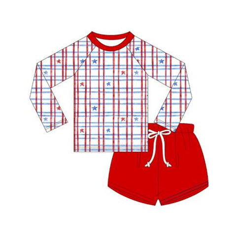 ( Moq 5 ) Preorder Baby Boys Long Sleeves Stars Plaid Tops Red Shorts 4th of July Set Swimsuit