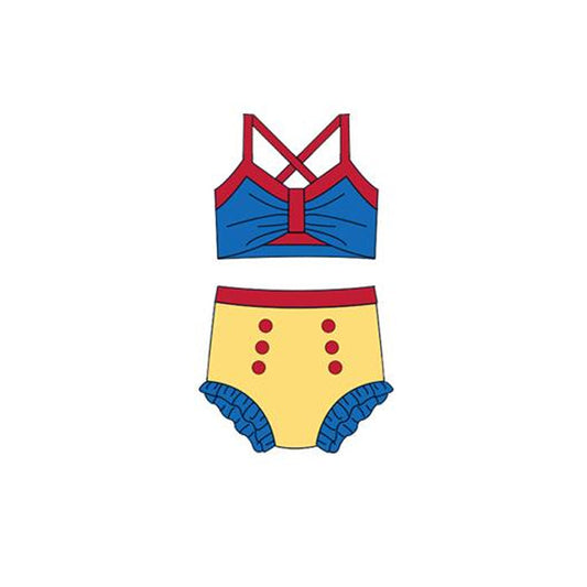 ( Moq 5 ) Preorder Baby Girls Straps Blue Tops Yellow Bummie Princess Set Swimsuit