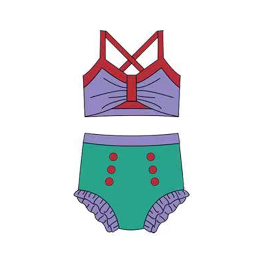 ( Moq 5 ) Preorder Baby Girls Straps Purple Tops Green Bummie Princess Set Swimsuit
