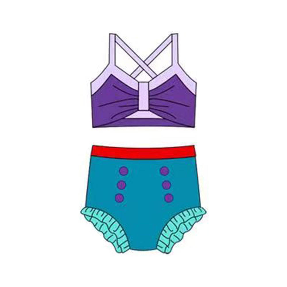 ( Moq 5 ) Preorder Baby Girls Straps Purple Tops Green Bummie Princess Set Swimsuit