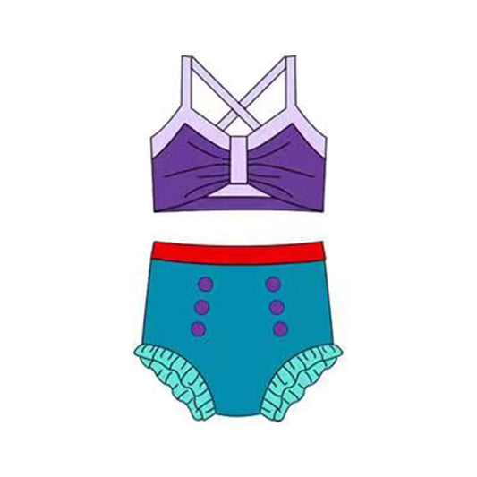 ( Moq 5 ) Preorder Baby Girls Straps Purple Tops Green Bummie Princess Set Swimsuit
