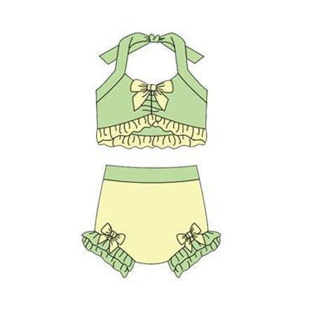 ( Moq 5 ) Preorder Baby Girls Halter Green Tops Yellow Bummie Bows Set Princess Swimsuit