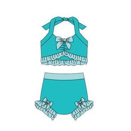 ( Moq 5 ) Preorder Baby Girls Halter Tops Bummie Bows Green Set Princess Swimsuit