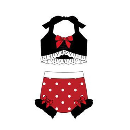 ( Moq 5 ) Preorder Baby Girls Halter Tops Red Dots Bummie Bows Set Swimsuit