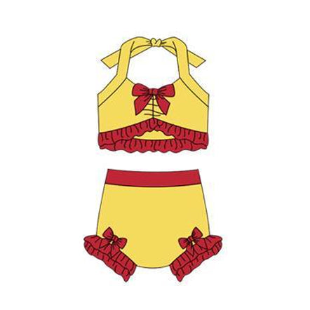 ( Moq 5 ) Preorder Baby Girls Halter Tops Bummie Red Bows Yellow Set Princess Swimsuit