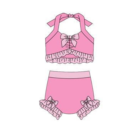 ( Moq 5 ) Preorder Baby Girls Halter Tops Bummie Pink Bows Set Princess Swimsuit