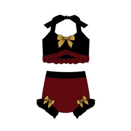 ( Moq 5 ) Preorder Baby Girls Halter Tops Dark Red Bummie Bows Set Swimsuit