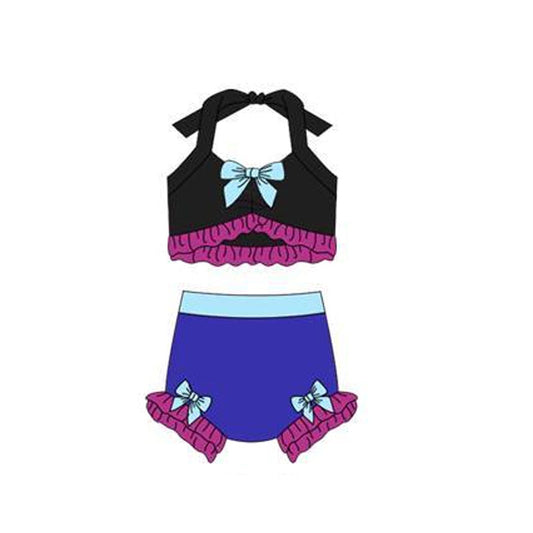 ( Moq 5 ) Preorder Baby Girls Halter Tops Bummie Princess Blue Bows Set Swimsuit