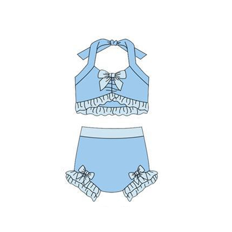 ( Moq 5 ) Preorder Baby Girls Halter Tops Bummie Bows Blue Set Princess Swimsuit
