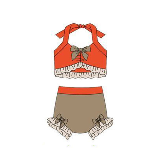( Moq 5 ) Preorder Baby Girls Halter Orange Tops Khaki Bummie Bows Set Swimsuit