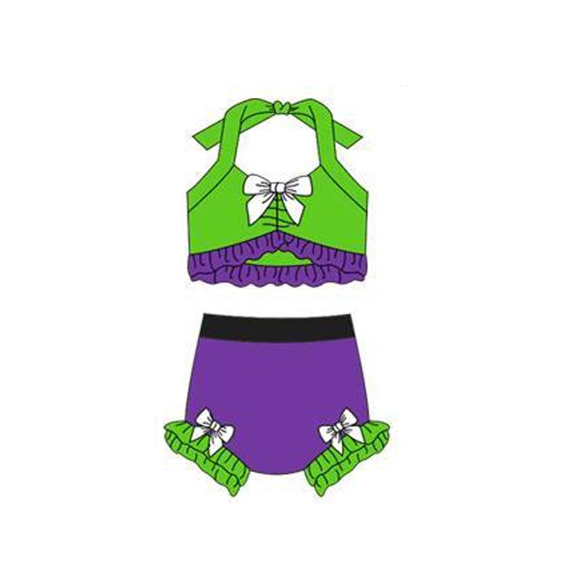 ( Moq 5 ) Preorder Baby Girls Halter Tops Bummie Bows Green Purple Set Swimsuit
