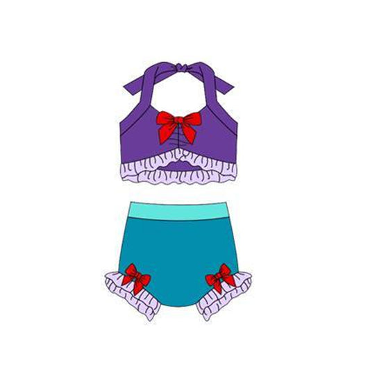 ( Moq 5 ) Preorder Baby Girls Halter Purple Tops Green Bummie Bows Set Princess Swimsuit