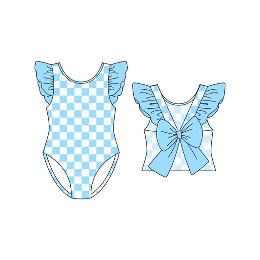 ( Moq 5 ) Preorder Baby Girls Kids Short Sleeves Blue Plaid Bows One-piece Swimsuit