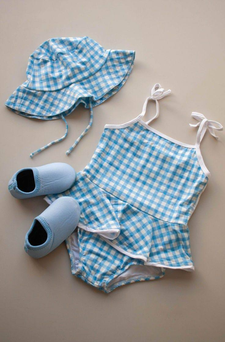 ( Moq 5 ) Preorder Baby Girls Kids Straps Blue Plaid Ruffle One-piece Swimsuit
