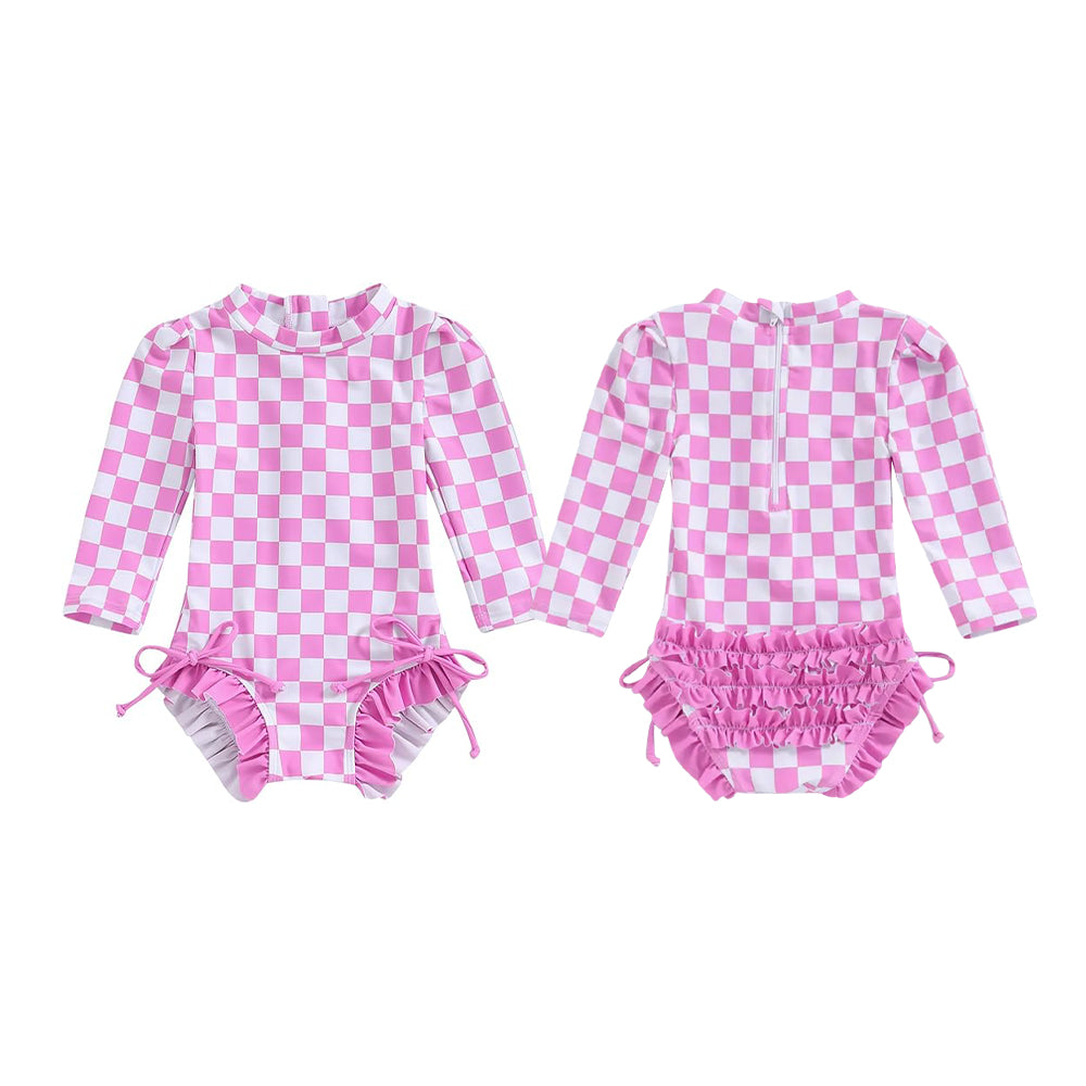 ( Moq 5 ) Preorder Baby Girls Kids Long Sleeves Pink Checked Bows Ruffle One-piece Swimsuit
