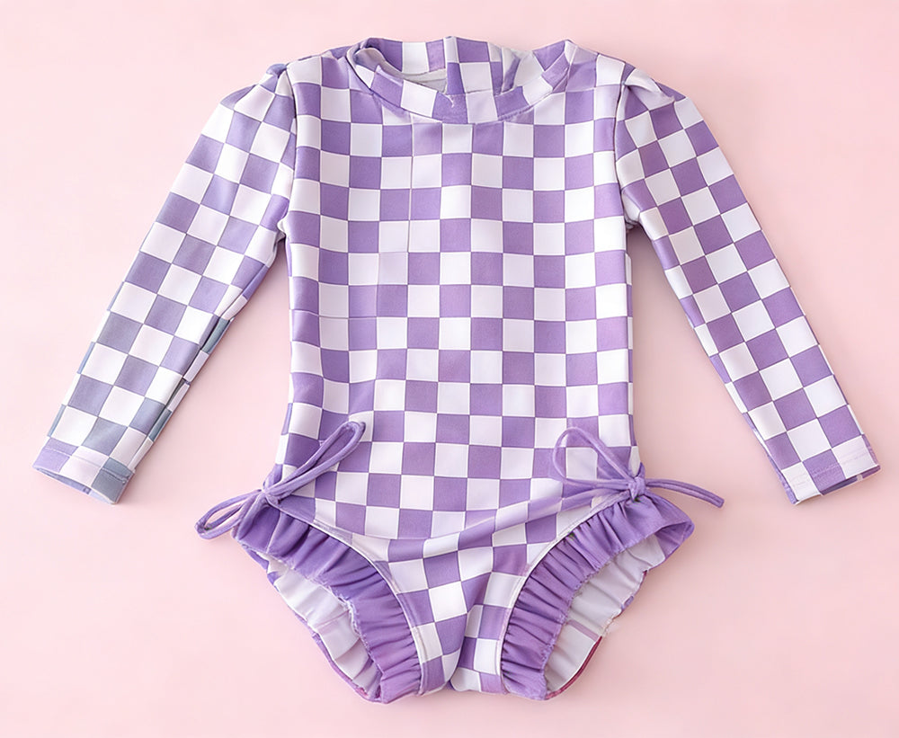 ( Moq 5 ) Preorder Baby Girls Kids Long Sleeves Purple Checked Bows Ruffle One-piece Swimsuit