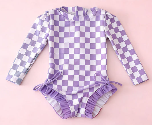 ( Moq 5 ) Preorder Baby Girls Kids Long Sleeves Purple Checked Bows Ruffle One-piece Swimsuit