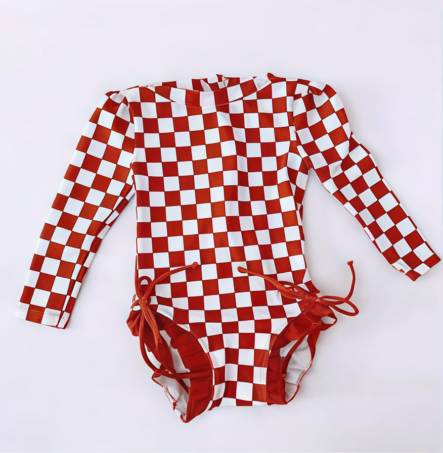 ( Moq 5 ) Preorder Baby Girls Kids Long Sleeves Red Checked Bows Ruffle One-piece Swimsuit