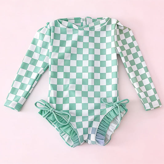 ( Moq 5 ) Preorder Baby Girls Kids Long Sleeves Green Checked Bows Ruffle One-piece Swimsuit