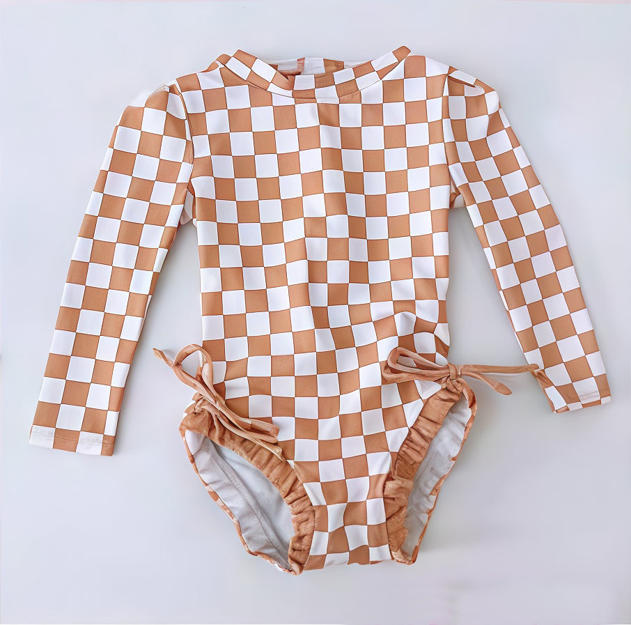 ( Moq 5 ) Preorder Baby Girls Kids Long Sleeves Checked Bows Ruffle One-piece Swimsuit