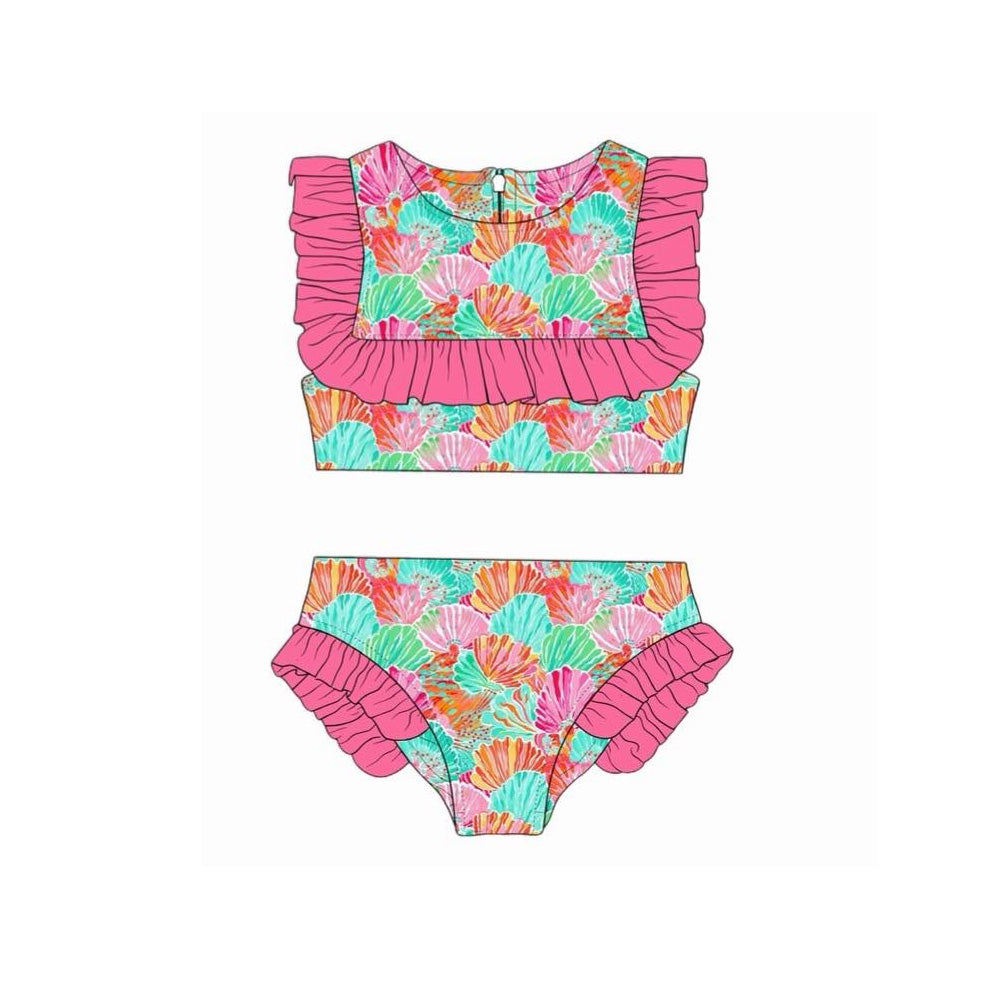 ( Moq 5 ) Preorder Baby Girls Kids Shell Ruffle Tops Shorts Summer Set Swimsuit