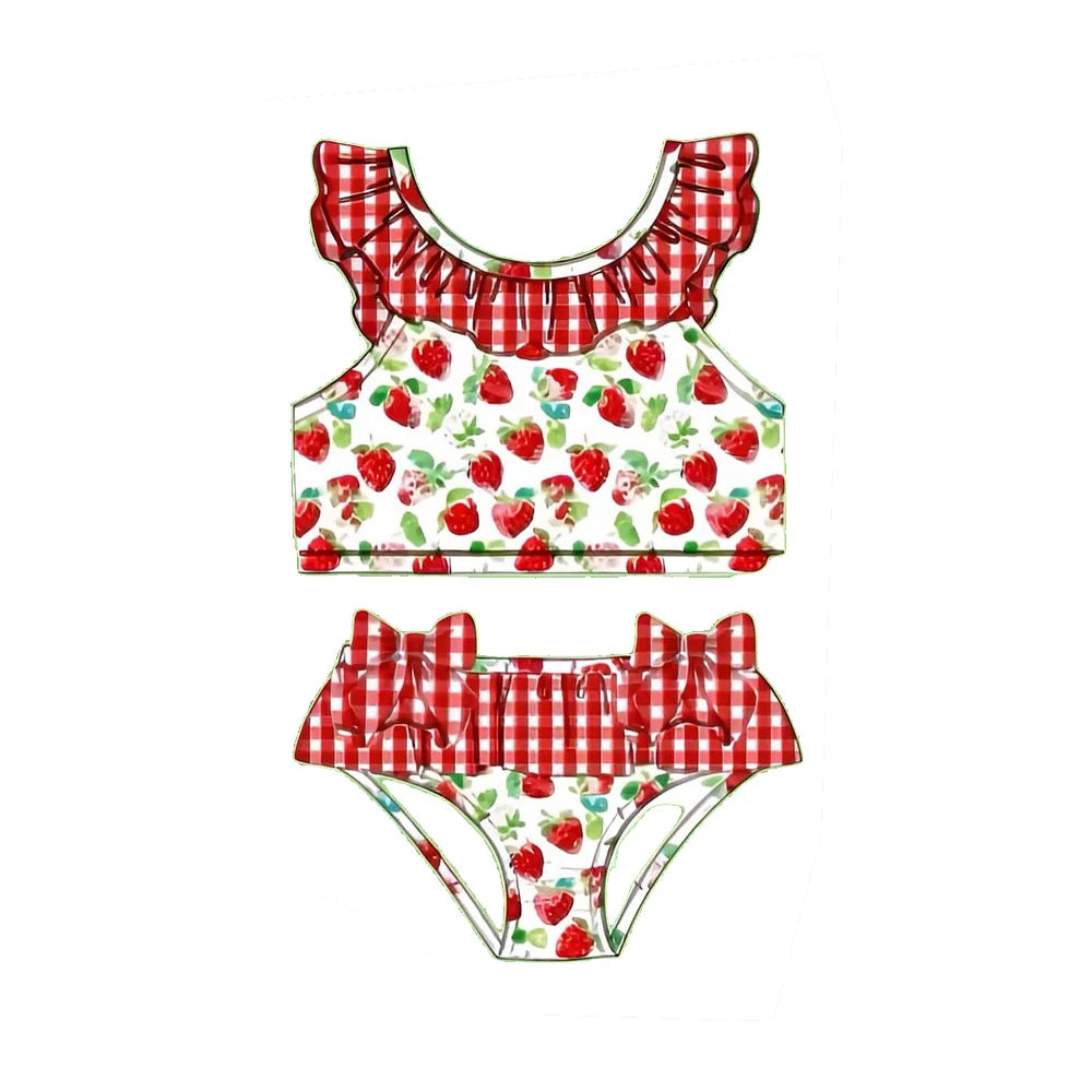 ( Moq 5 ) Preorder Baby Girls Kids Strawberry Tops Plaid Bows Shorts Summer Set Swimsuit