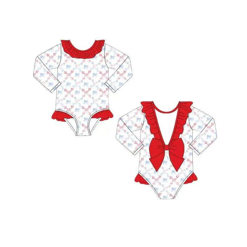 ( Moq 5 ) Preorder Baby Girls Kids Long Sleeves Bows Flower 4th of July One-piece Swimsuit