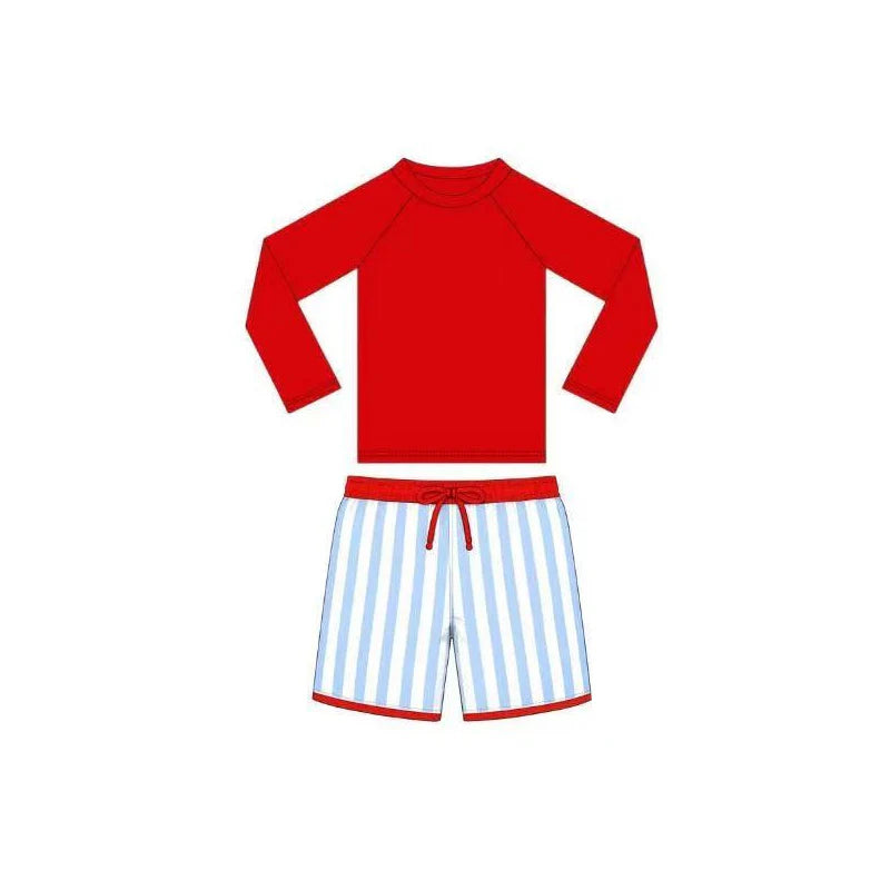 ( Moq 5 ) Preorder Baby Boys Kids Long Sleeves Red Shirt Stripes Shorts Set Swimsuit