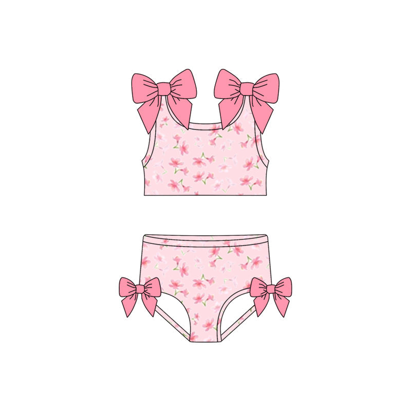 ( Moq 5 ) Preorder Baby Girls Sleeveless Flower Tops Pink Bows Bummie Shorts Set Swimsuit