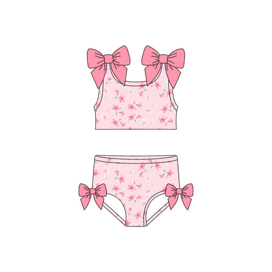 ( Moq 5 ) Preorder Baby Girls Sleeveless Flower Tops Pink Bows Bummie Shorts Set Swimsuit