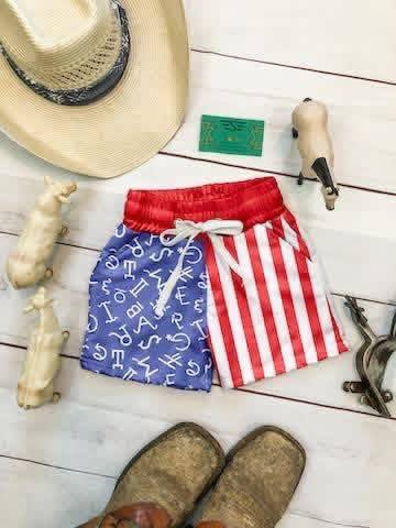 ( Moq 5 ) Preorder Baby Boys Kids Stripes 4th of July Pockets Swim Trunks Shorts Swimwear