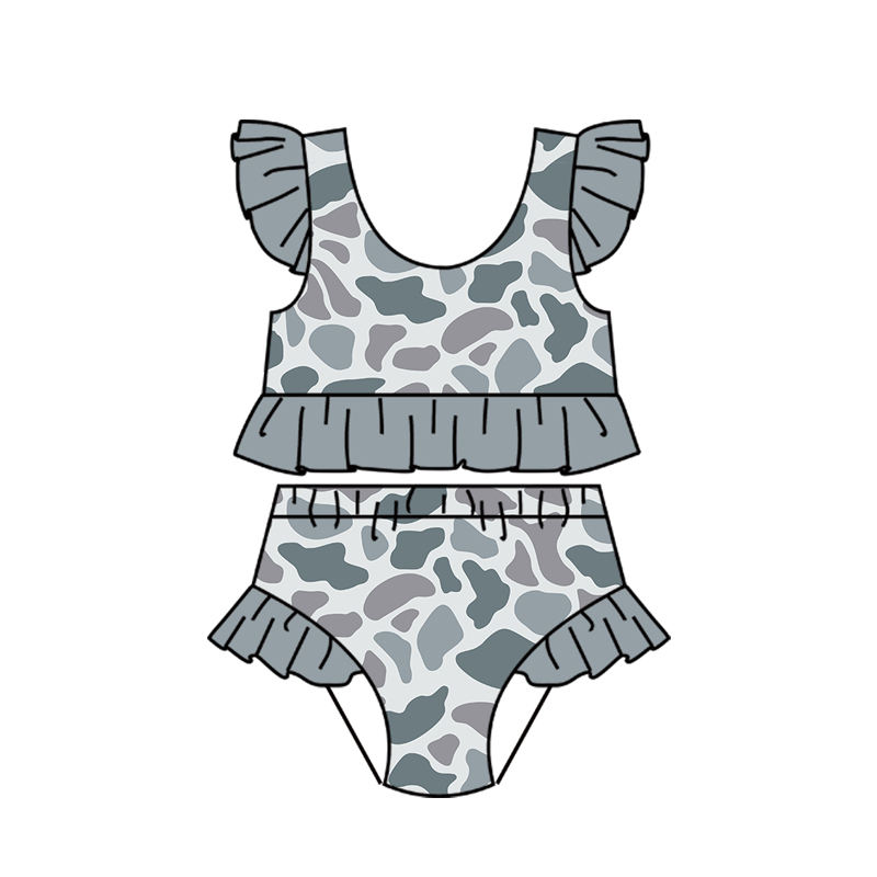 ( Moq 5 ) Preorder Baby Girls Kids Short Sleeves Grey Camo Tops Ruffle Shorts Set Swimsuit