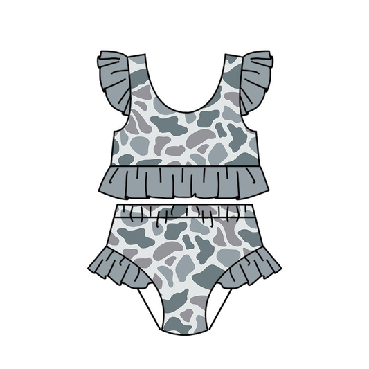 ( Moq 5 ) Preorder Baby Girls Kids Short Sleeves Grey Camo Tops Ruffle Shorts Set Swimsuit