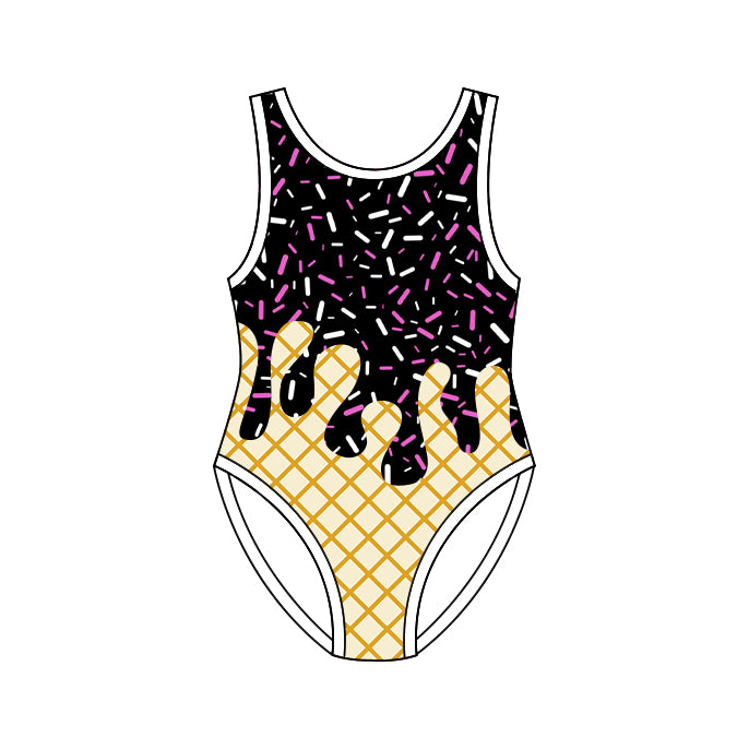 ( Moq 5 ) Preorder Baby Girls Kids Sleeveless Black Sprinkles Drips Summer One-piece Swimwear