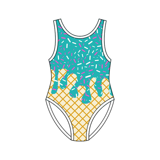 ( Moq 5 ) Preorder Baby Girls Kids Sleeveless Green Sprinkles Drips Summer One-piece Swimwear