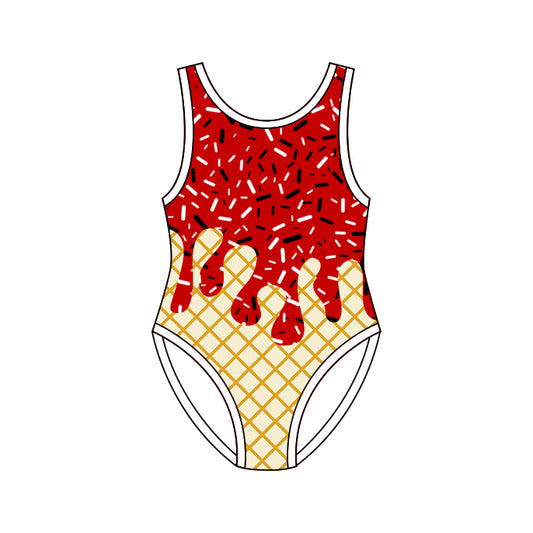 ( Moq 5 ) Preorder Baby Girls Kids Sleeveless Red Sprinkles Drips Summer One-piece Swimwear