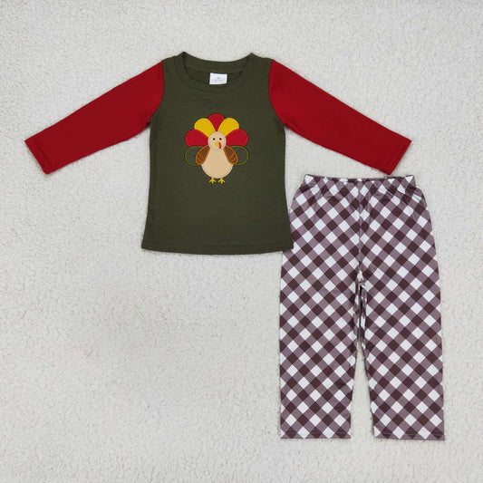 BLP0339 Baby Boy Long Sleeves Embroidery turkey Plaid Pants Thanksgiving Pajamas Outfit