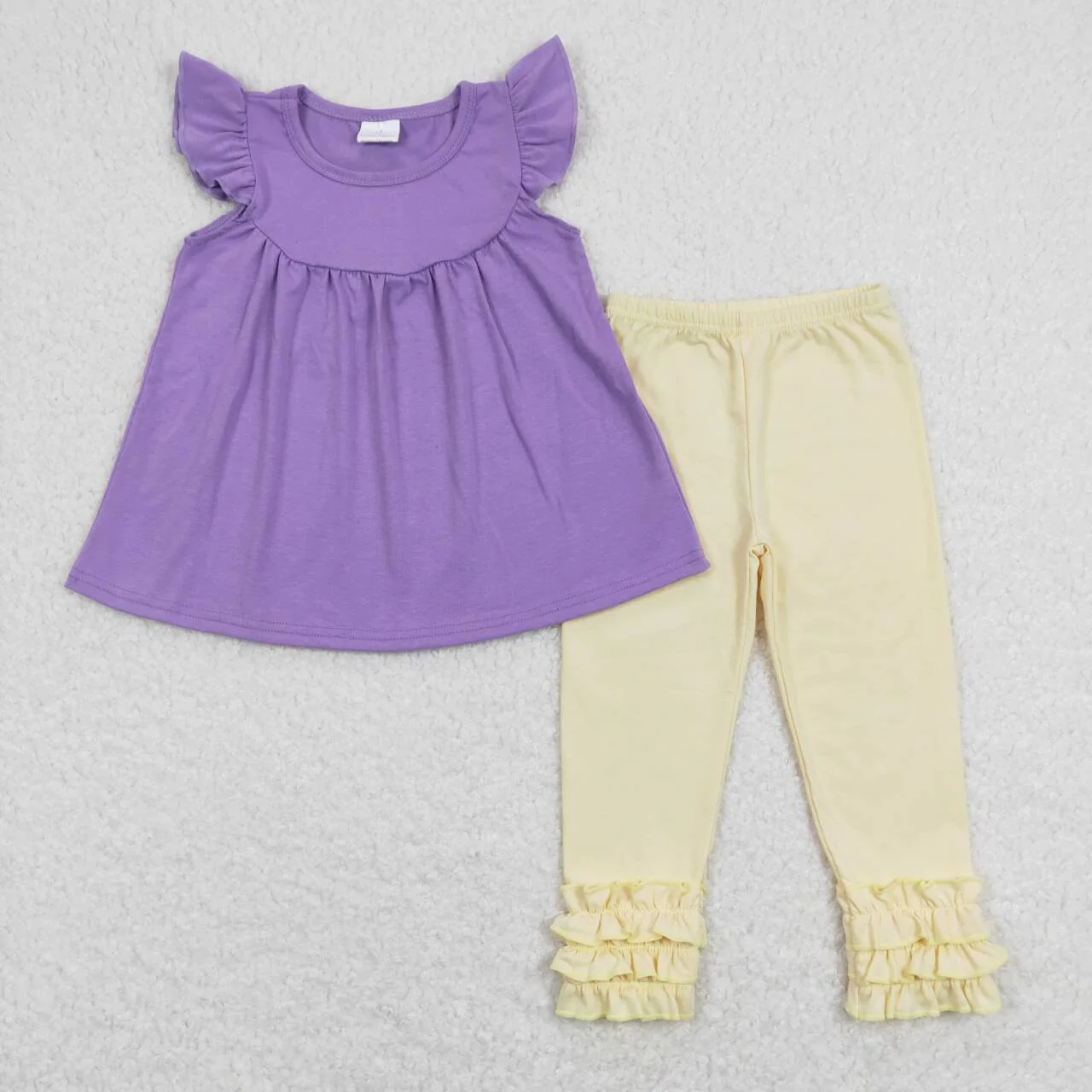 GSPO1322 Baby Girl Short Sleeves Purple Cotton Tops Yellow Ruffle Pants Set