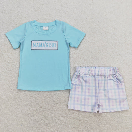 Short Sleeves Embroidery Mama's Boy Blue Shirt Plaid Shorts Set