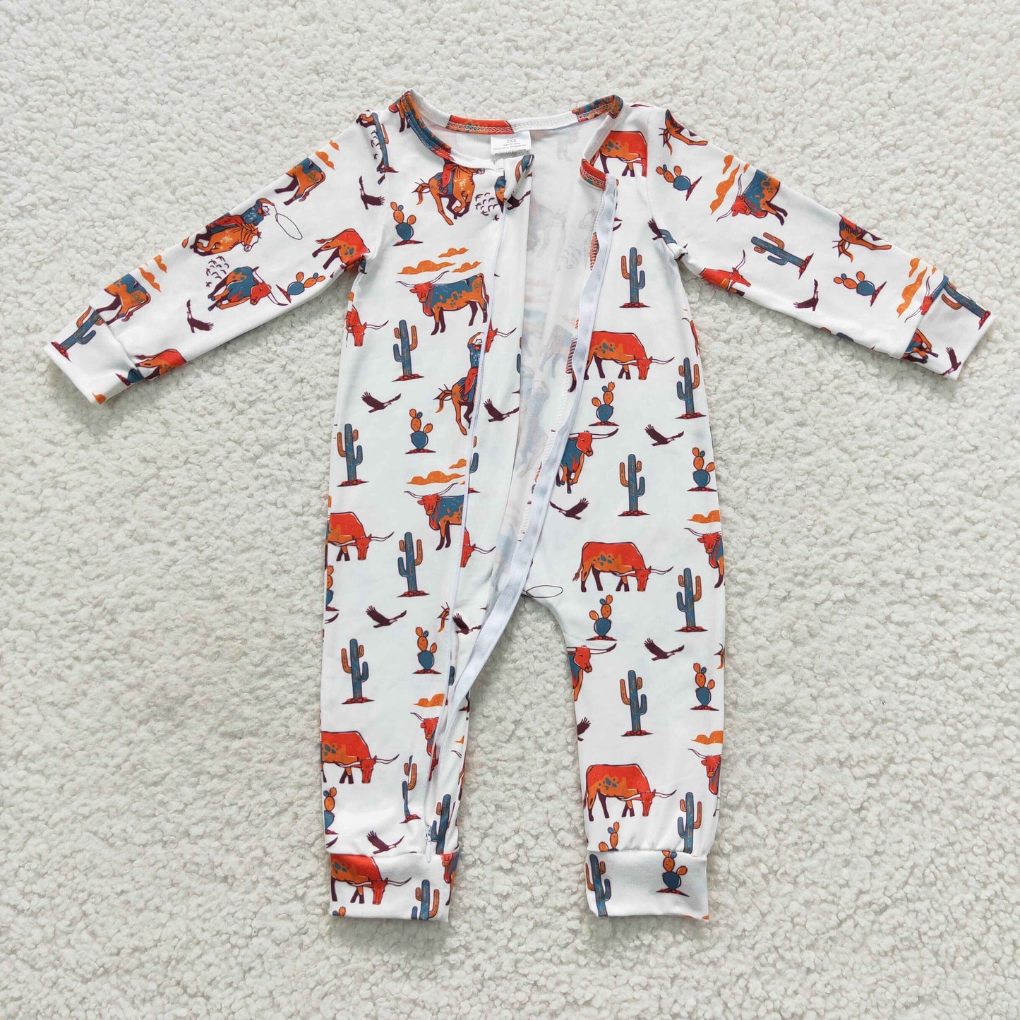 LR0341 Baby Boy Western Cow Horse Long Sleeves Zip One Piece Romper