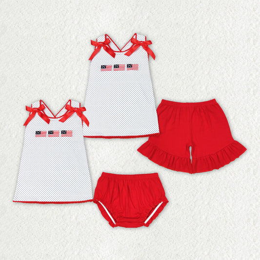 Baby Girl Straps 4th Of July Embroidery Flags Tops Bummie Shorts Sibling Outfit RTS